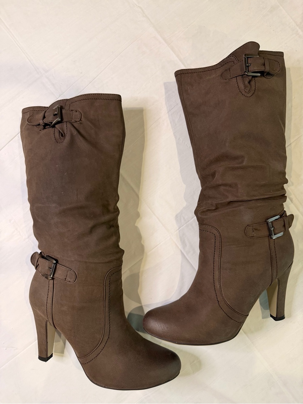 Brown Calf High Buckle Boots High Heel Slouchy Riding Style Size 9